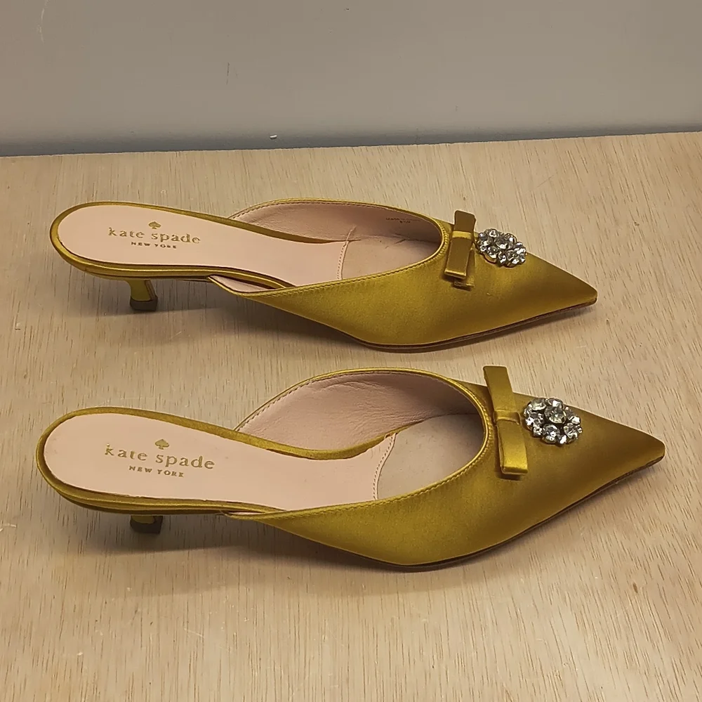 Kate Spade Darlene Yellow Satin Bow Jewel Pointed Toe Kitten Heel Mules Size 8 - Picture 4 of 12